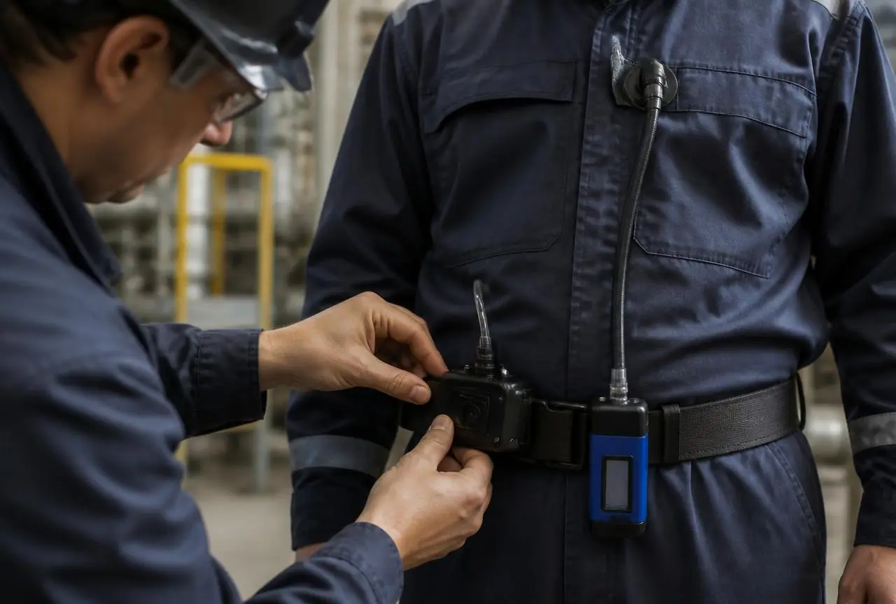 Técnico instalando bomba de amostragem e dosímetro no cinto de um trabalhador