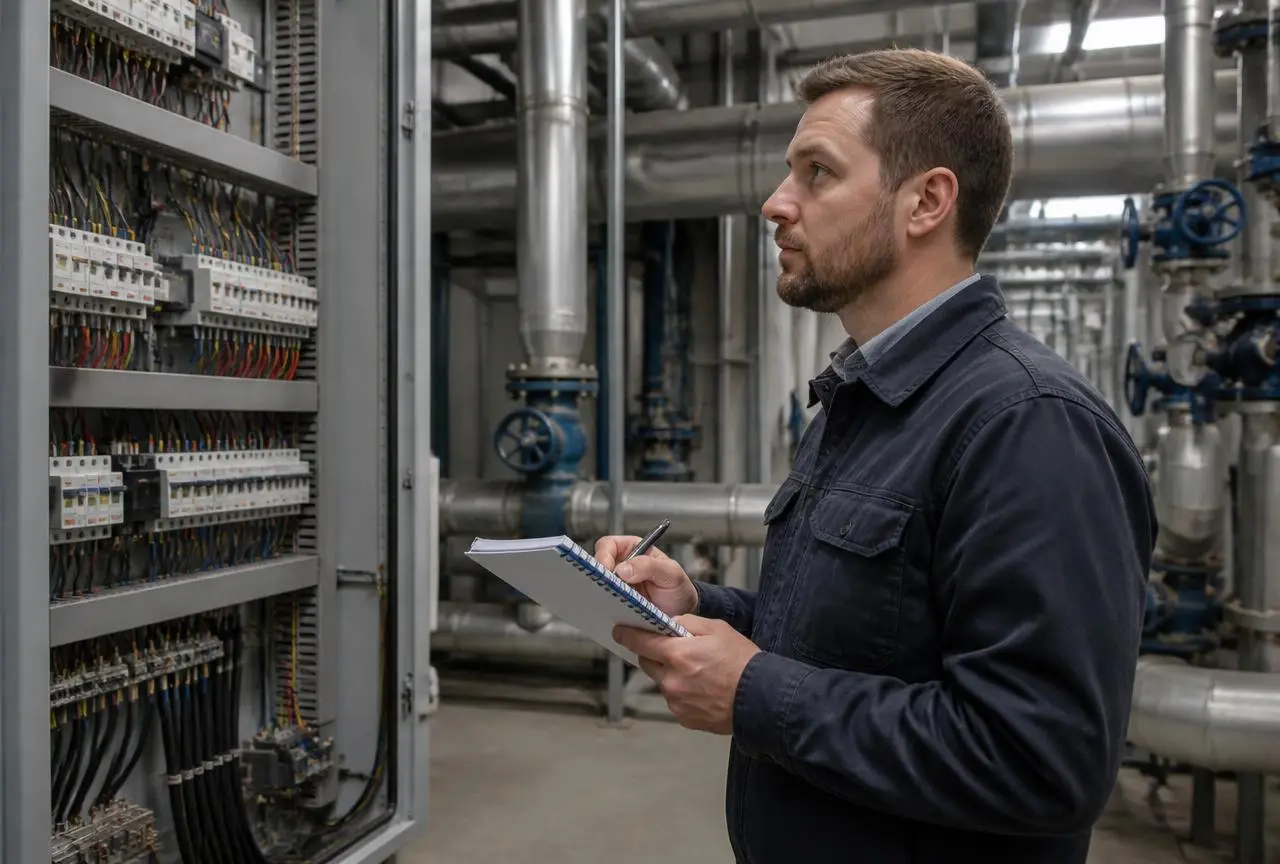 Profissional avaliando instalações elétricas e tubulações em casa de máquinas industrial