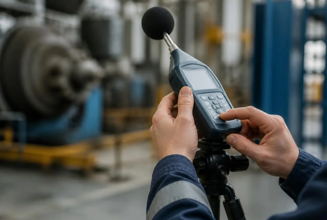 Higienista ocupacional ajustando um medidor de nível de pressão sonora em ambiente industrial