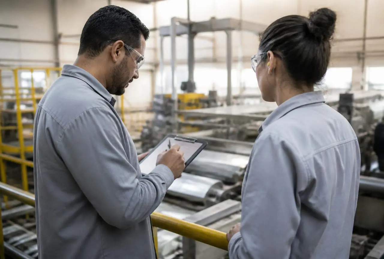 Dois técnicos analisando um processo produtivo durante reconhecimento de atividades