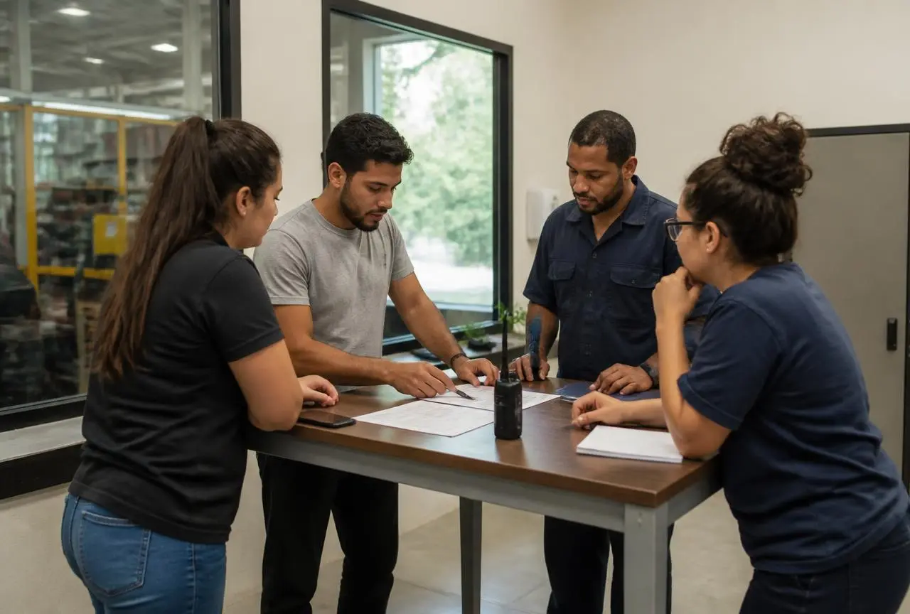 Equipe de trabalho coordenando a passagem de turno em área operacional